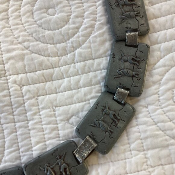 One of the kind! Vintage Pewter Boho Belt Raised Dancing Scene Links 34” main image 6